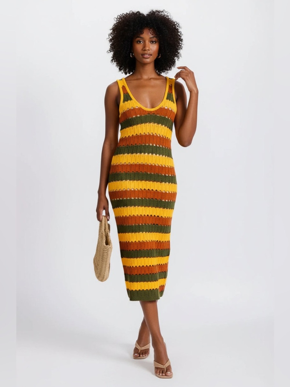 Sleeveless Striped Knit Midi Dress in Mustard, Olive & Rust